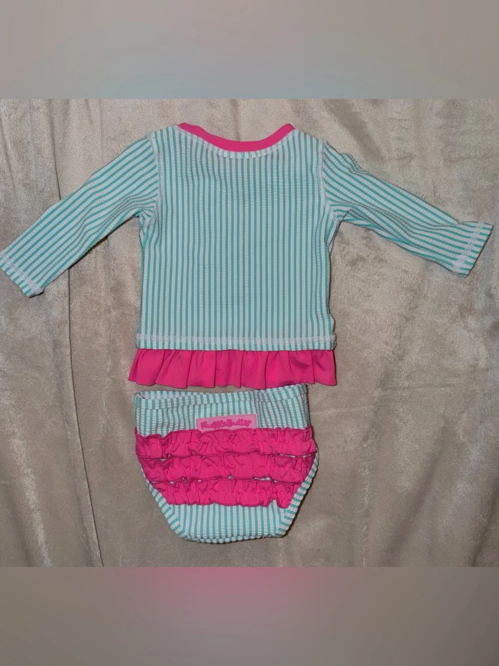 NWT RuffleButts Baby Girls Seersucker Long Sleeve Rash Guard Bikini, 3-6M